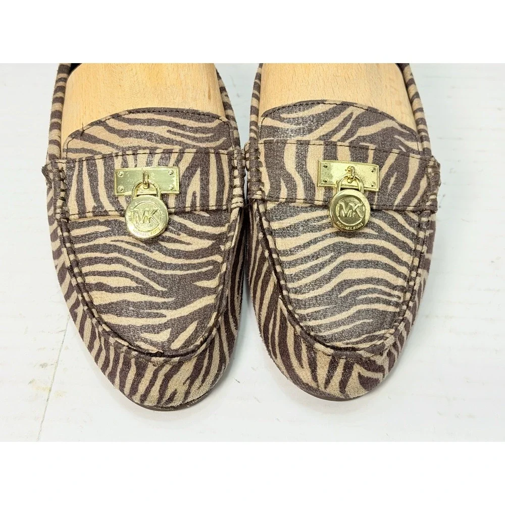 Michael Kors Zoey Zebra Print Loafers Girls Size 4 Brown Tan Gold Charm Flats